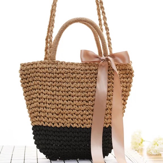 Factory direct new Japanese order ribbon bowknot straw plait bag portable beach bag braided bag trumpet thumbnail