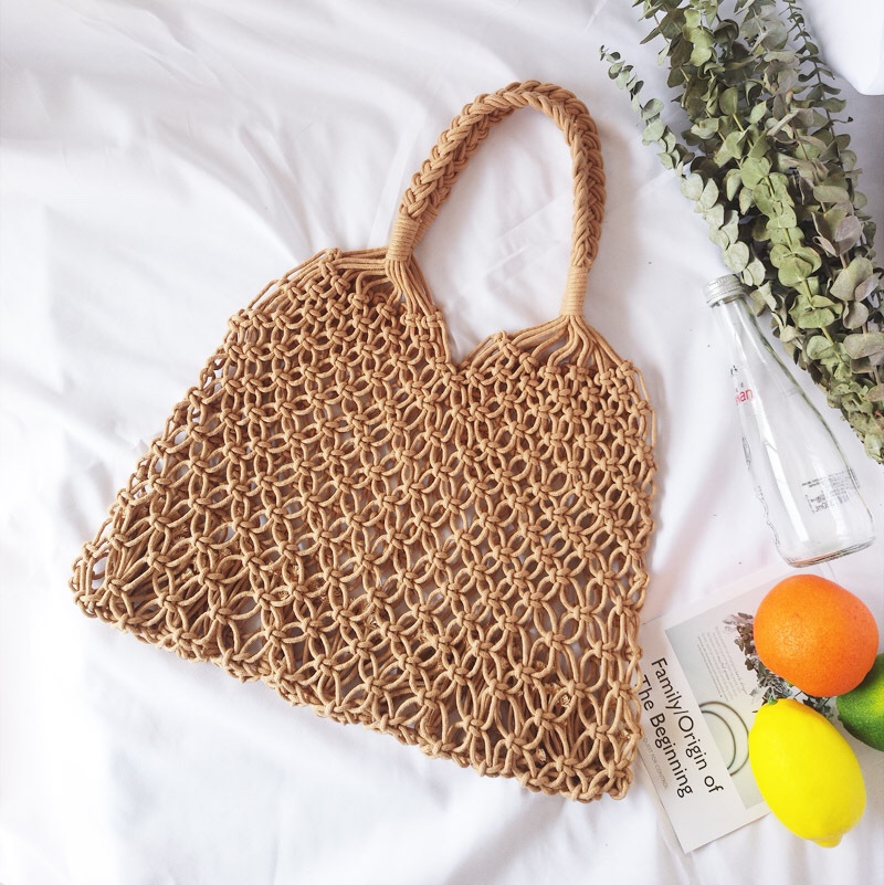 Factory price direct selling copper buckle hand-made cotton thread bale hand mesh hollowed-out unlined straw bale leisure braided bale thumbnail