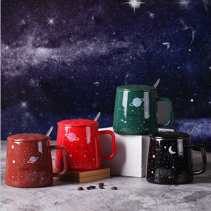 星空马克杯带盖配勺陶瓷水杯学生家用早餐杯礼品定制logo咖啡杯