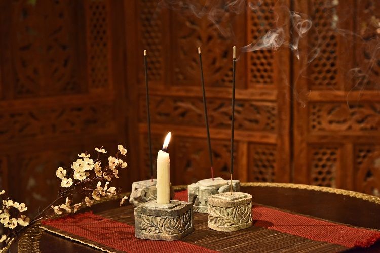 Soapstone candlestick incense burner detail image 4