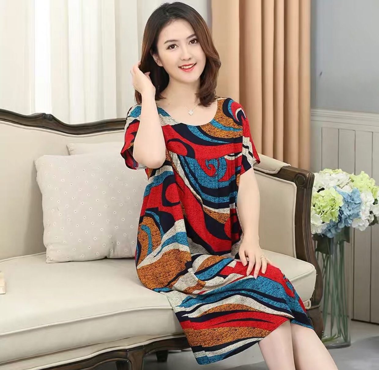 Cotton silks dresses with short sleeves for middle-aged and elderly people thumbnail