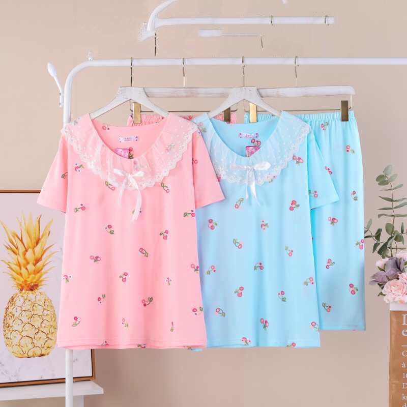 Summer pajamas for women, thin milk silk lace short-sleeved loose, suitable for wearing as outerwear