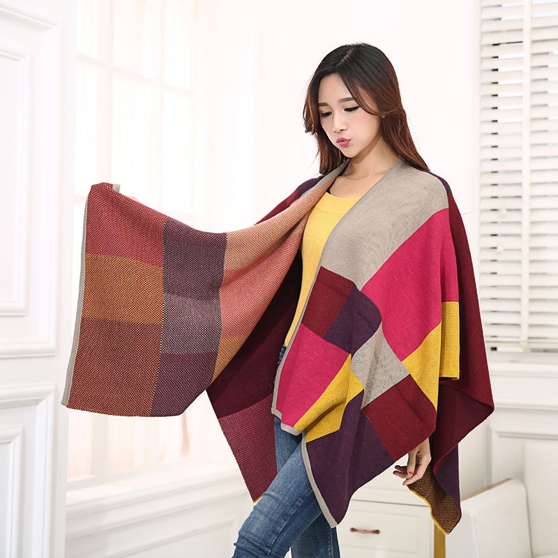 2020 Menas Silk Europe And The United States Autumn And Winter Hot Selling Women's Knitted Shawls Split Color Matching Warm Cloak Manufacturers Direct Sales