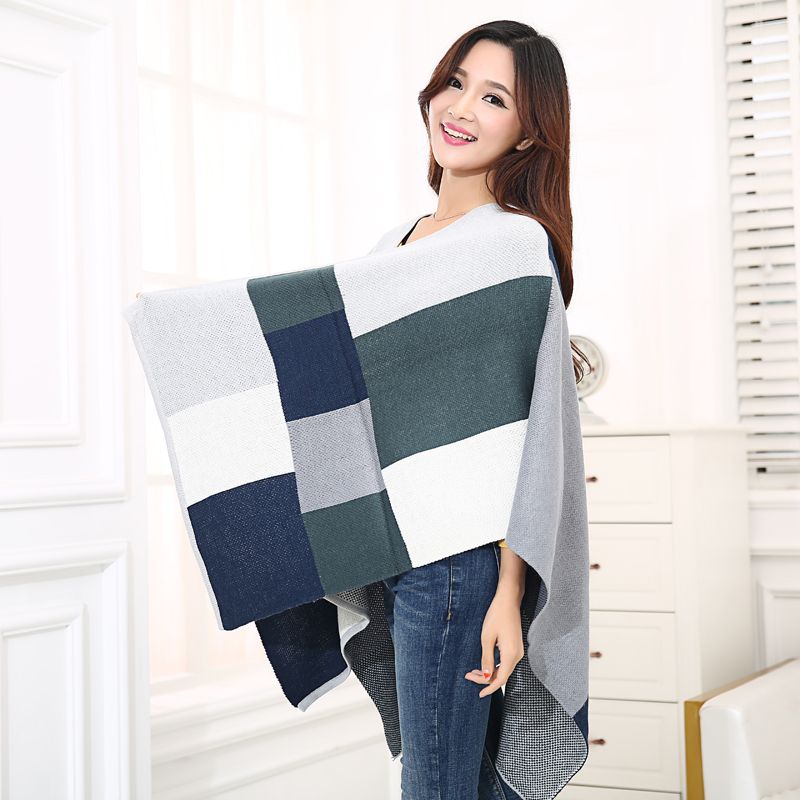 2020 Menas Silk Europe And The United States Autumn And Winter Hot Selling Women's Knitted Shawls Split Color Matching Warm Cloak Manufacturers Direct Sales details Picture
