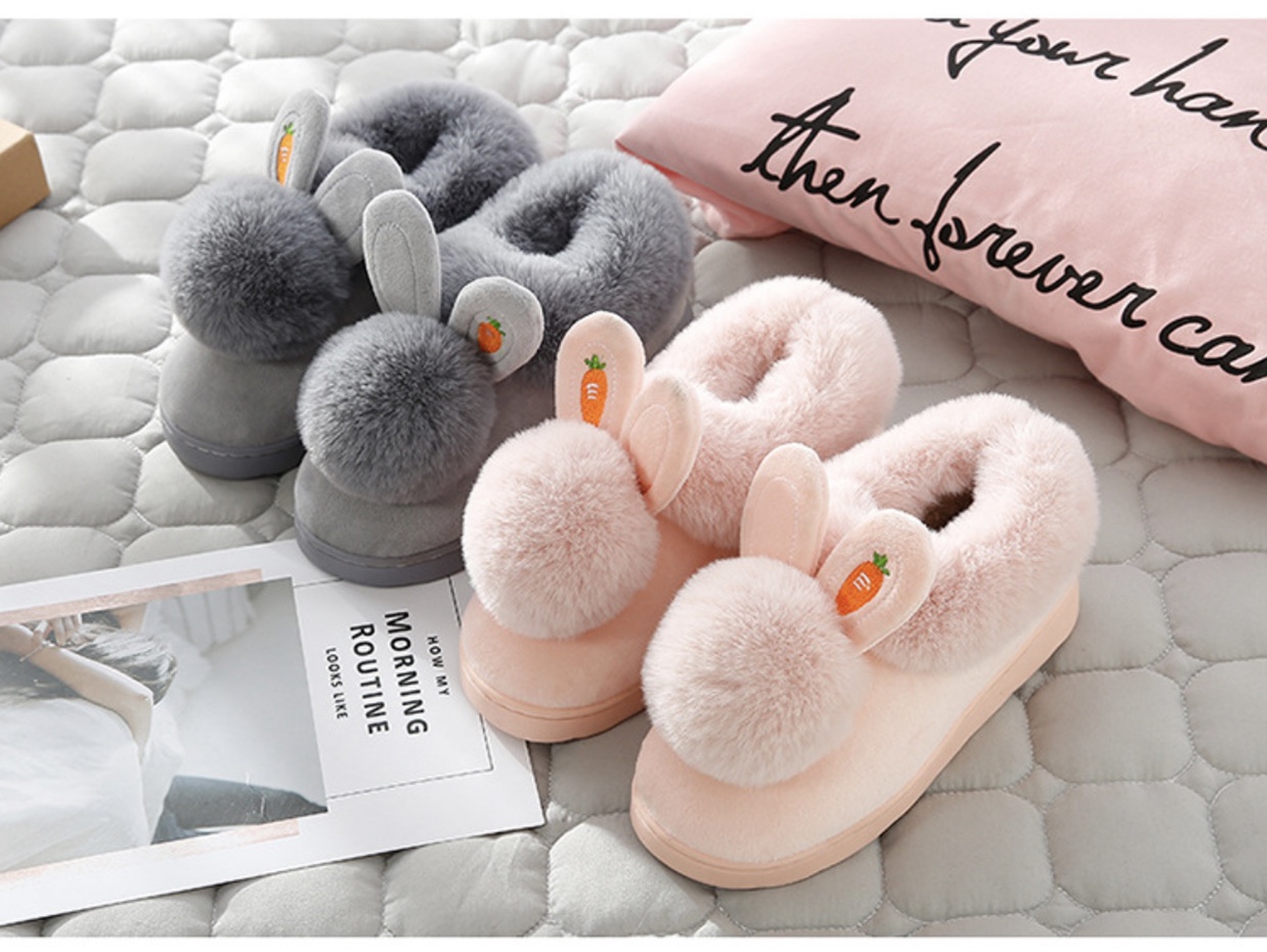 Winter cotton slippers women's bags, home indoor thick-soled bags and warm postpartum shoes, cute rabbit-ear slippers women's winter Specification image