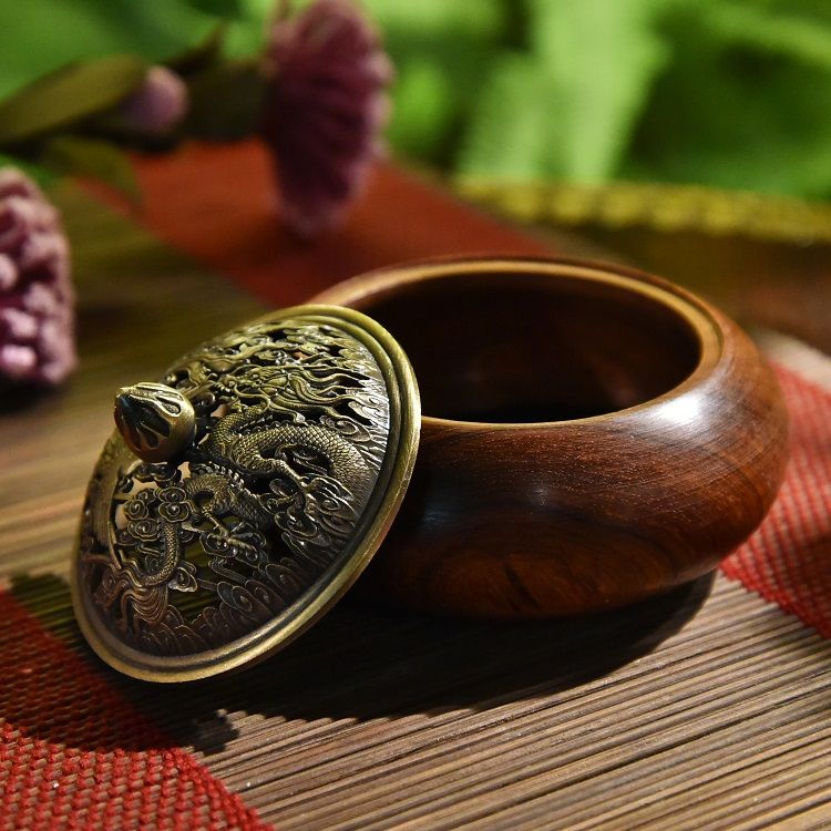 Indian circular rosewood Saigon incense burner (dual-purpose for coil and cone incense) details Picture