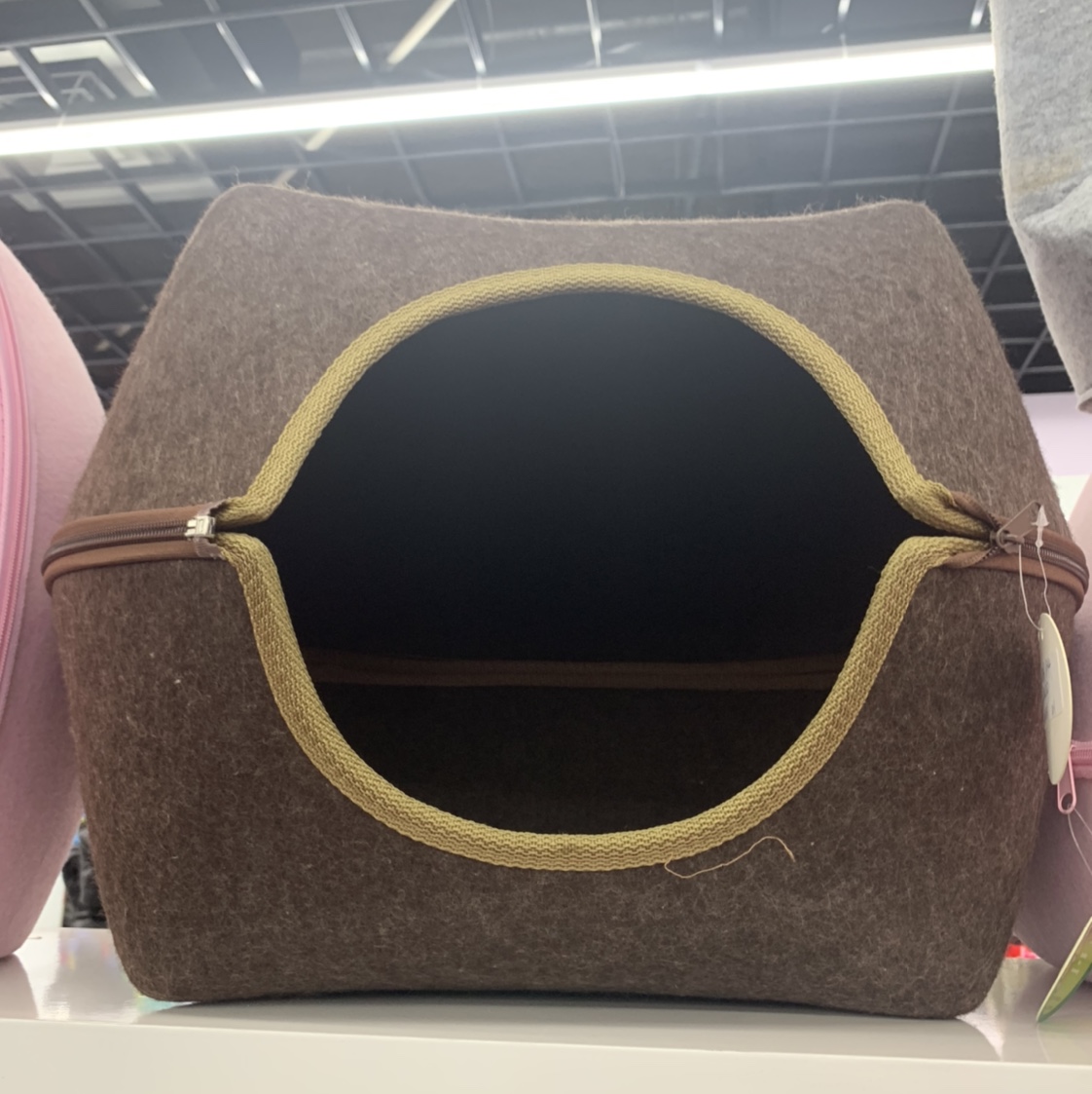 Square, brown, round and open pet bed