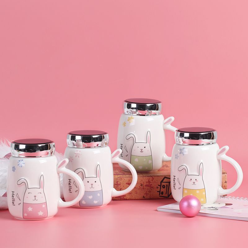 创意浮雕兔马克杯带盖勺镜面陶瓷杯子办公室水杯咖啡杯北欧风格