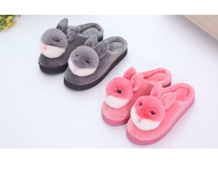Cute rabbit ball indoor home cotton slippers autumn and winter couple wooden floor warm cotton slippers details Picture