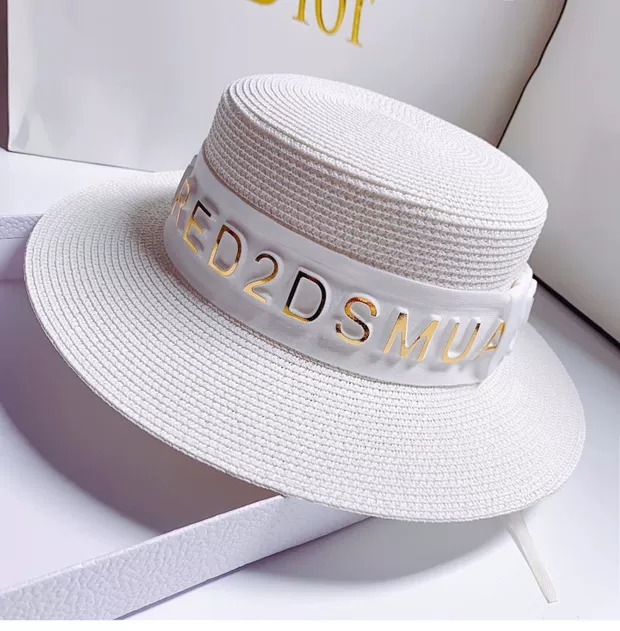 This pure white, versatile and elegant flat-topped straw hat is a trendy hat for women to go out and protect themselves from the sun Specification image