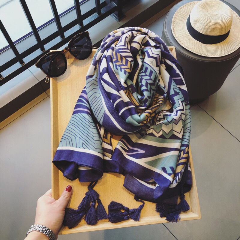 Scarf Women's Spring And Autumn Book South Korea Dongdaemun All-Match Silk Scarf Geometric Cotton Linen Feel Beach Towel Sun Protection Shawl