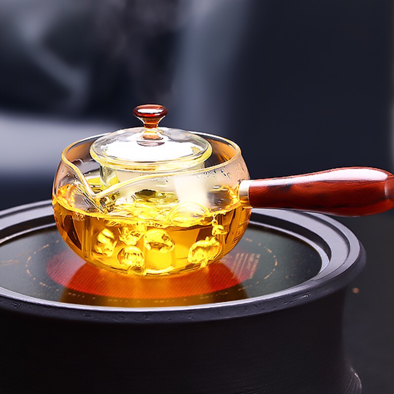 北大史侧把壶 实木把手煮茶壶 加厚耐热玻璃茶壶 小青柑过滤泡茶壶细节图