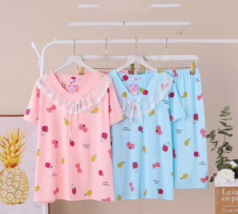 Summer pajamas for women, thin milk silk lace short-sleeved loose, suitable for wearing as outerwear details Picture