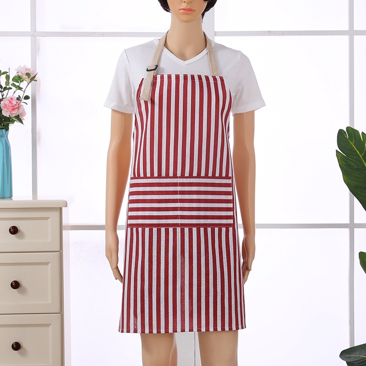 亚麻围裙家用厨房可调节挂脖时尚工作服红色竖条纹详情图1
