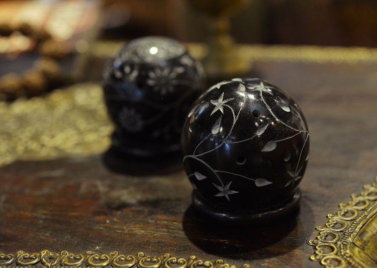 Black soapstone spherical candlestick detail image 2