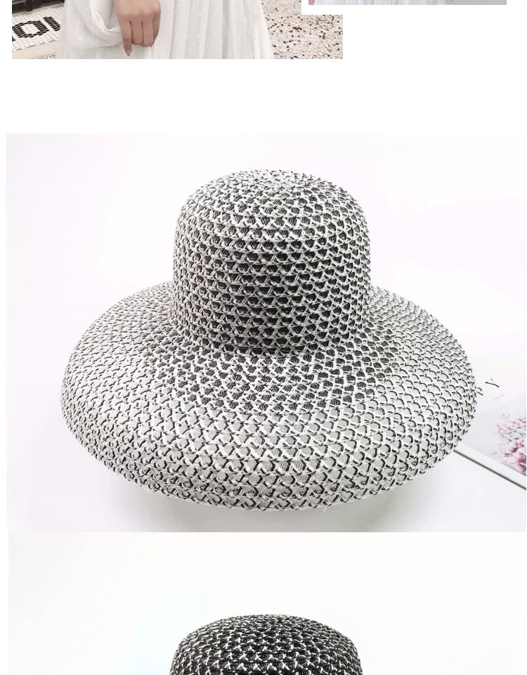 MYMAO black and white flat-topped straw hat for women, summer beach hat, seaside vacation, British top hat, sunshade Specification image