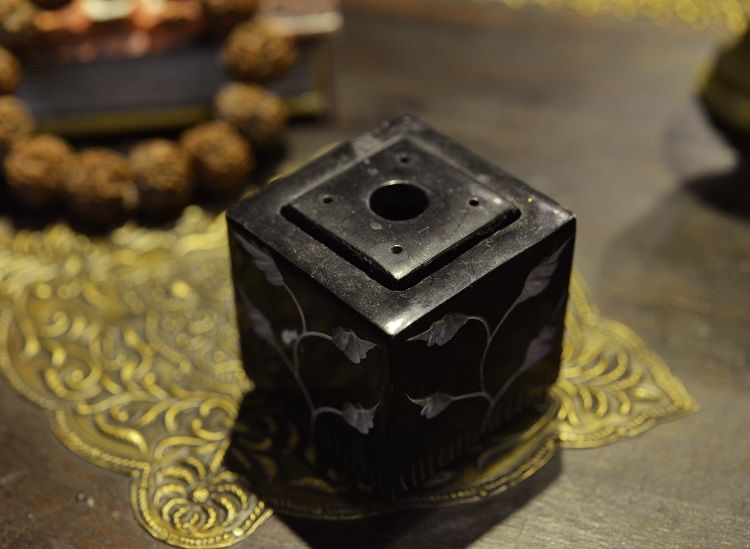 Black soapstone candlestick incense burner details Picture