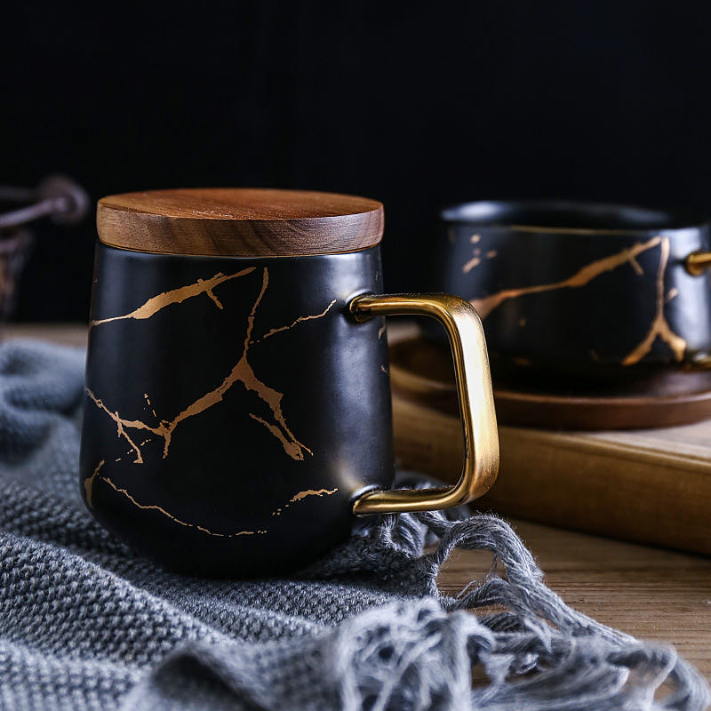 Nordic style modern fashion marbling golden mugs with acacia wood cover thumbnail