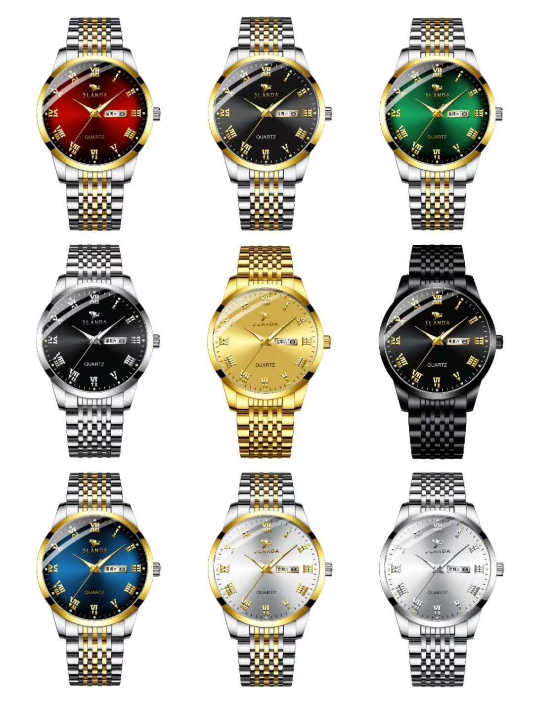 Hombre doble calendario correa de acero a prueba de agua pareja reloj 1 live stand