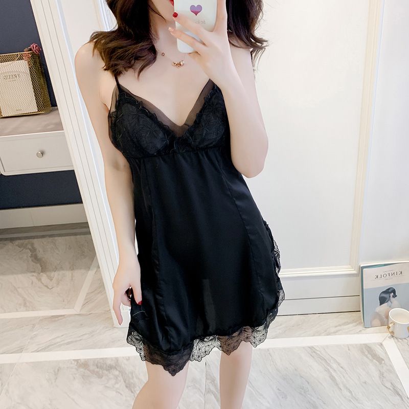 2020 New Women's Silk Imitation Silk With Breast Cushion Halter Nightdress Embroidery Lace Sexy Beauty Back Seduction Application Scenario