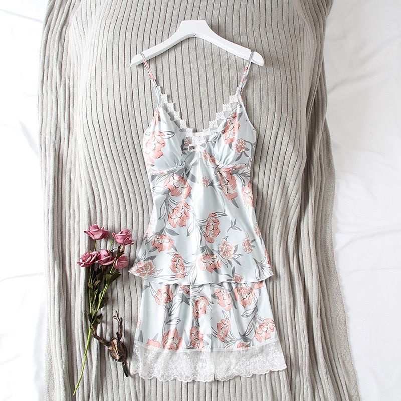 Pajama Women Thin Summer Sexy Ice Silk Halter Shorts Set Korean Printed With Chest Cushion Back Heart Two-Piece Set Specification drawing