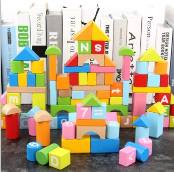 100粒榉木桶装彩色积木带数字字母益智玩具