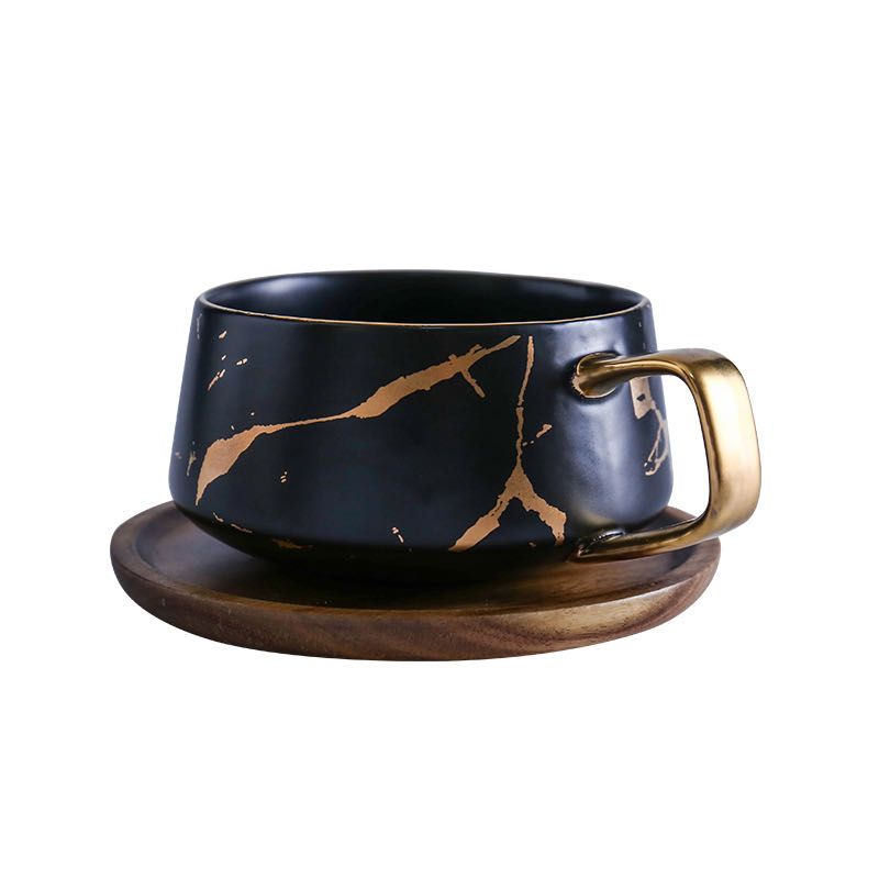 北欧风格现代时尚大理石纹金金品咖啡杯带相思木底托图