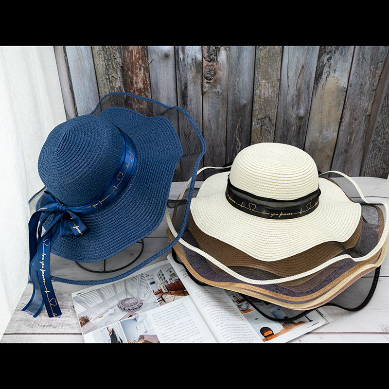 沙滩草帽女海边网纱边大帽檐防晒遮阳出游度假百搭蝴蝶结丝带草帽白底实物图
