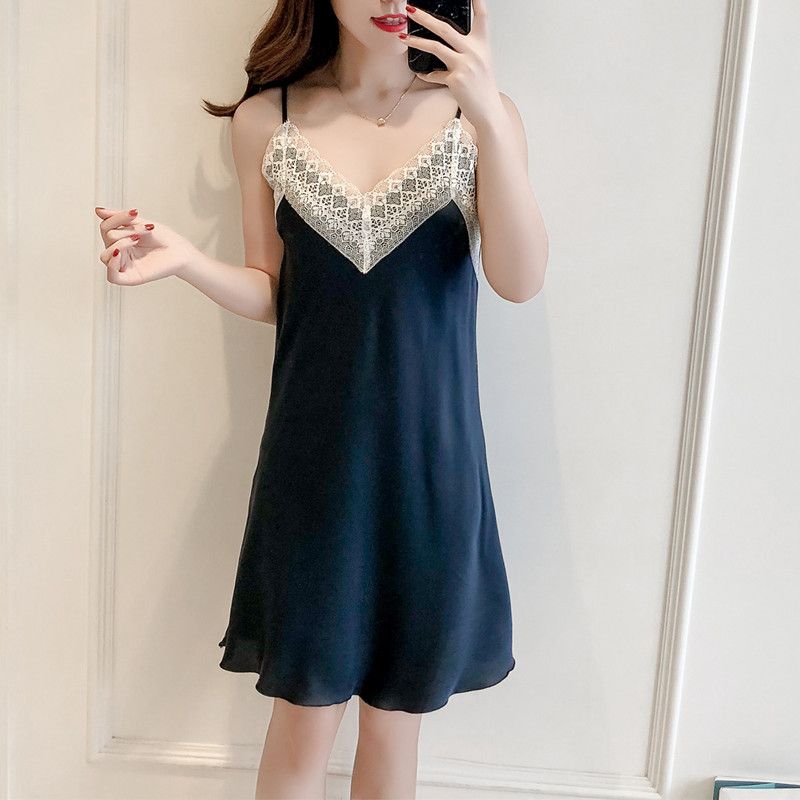2020 Women's Lace Simple Silk Halter Pajamas Nightdress V-Neck Sexy Home Wear details Picture