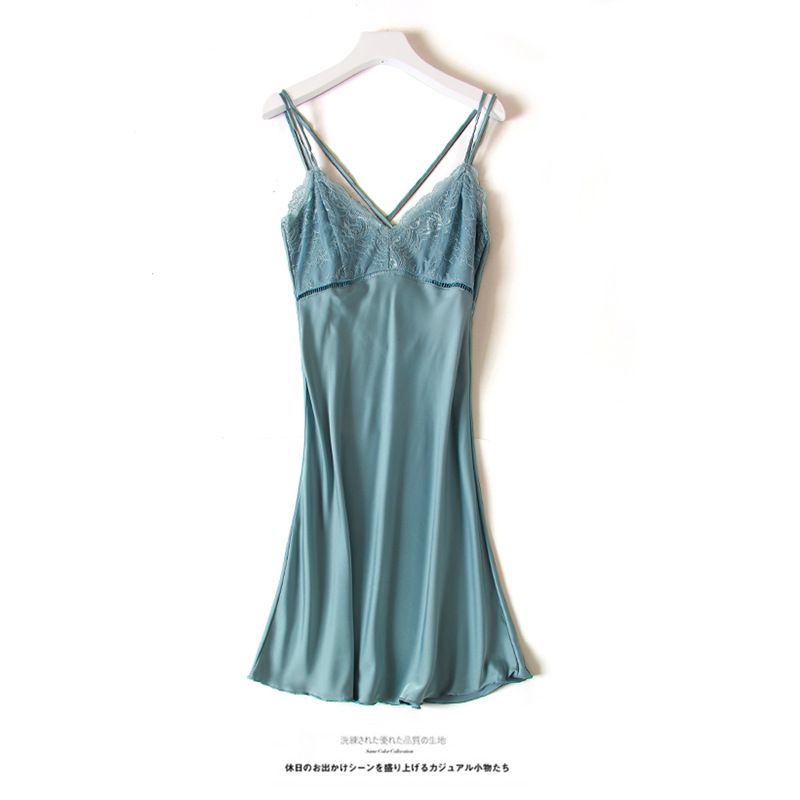 2020 Halter Sexy Nightgown With Breast Pad Summer Thin Pajama Ladies Ice Silk Back Sexy Lace Home Wear details Picture