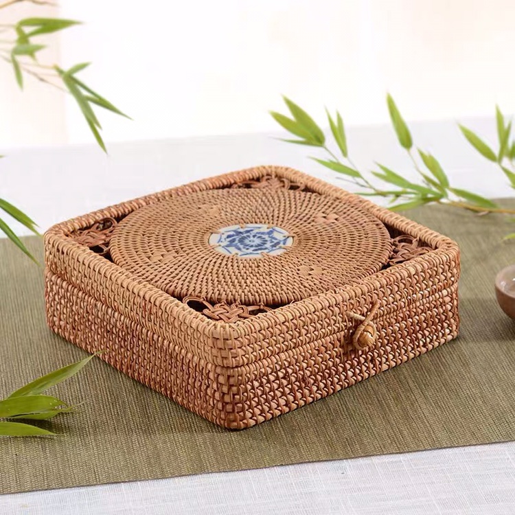 方形镂空瓷片三饼茶叶盒收纳盒