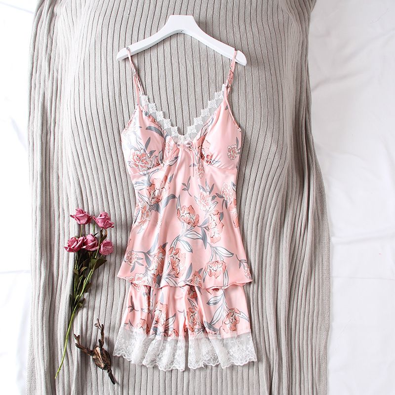 Pajama Women Thin Summer Sexy Ice Silk Halter Shorts Set Korean Printed With Chest Cushion Back Heart Two-Piece Set Application Scenario