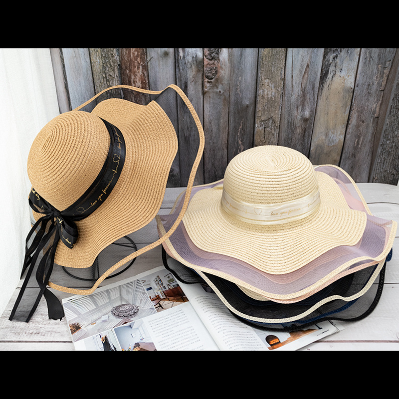 沙滩草帽女海边网纱边大帽檐防晒遮阳出游度假百搭蝴蝶结丝带草帽