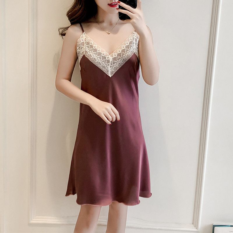 2020 Women's Lace Simple Silk Halter Pajamas Nightdress V-Neck Sexy Home Wear full figure