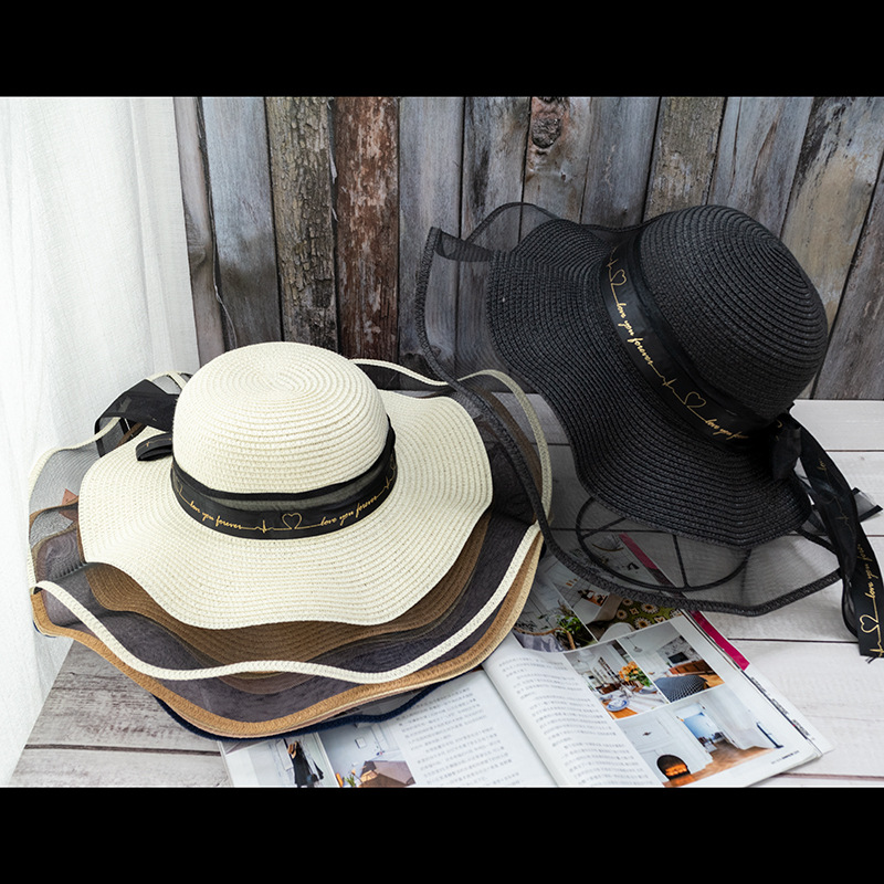 沙滩草帽女海边网纱边大帽檐防晒遮阳出游度假百搭蝴蝶结丝带草帽细节图