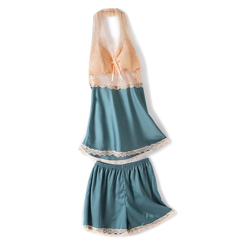 2020 Pajama Ladies Lace Halter Shorts Two-Piece Sexy Ice Silk Home Wear With Chest Cushion