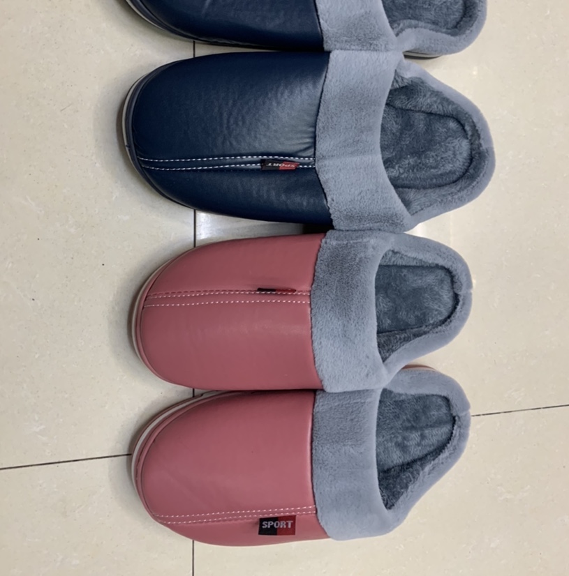 PU leather towed indoor thermal cotton slippers for men and women