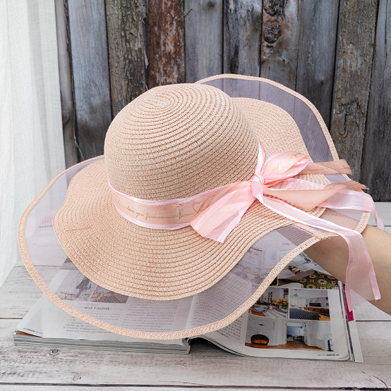 沙滩草帽女海边网纱边大帽檐防晒遮阳出游度假百搭蝴蝶结丝带草帽详情图8