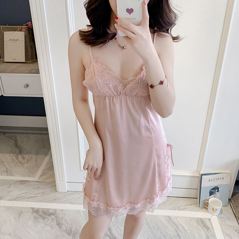 2020 New Women's Silk Imitation Silk With Breast Cushion Halter Nightdress Embroidery Lace Sexy Beauty Back Seduction Specification drawing