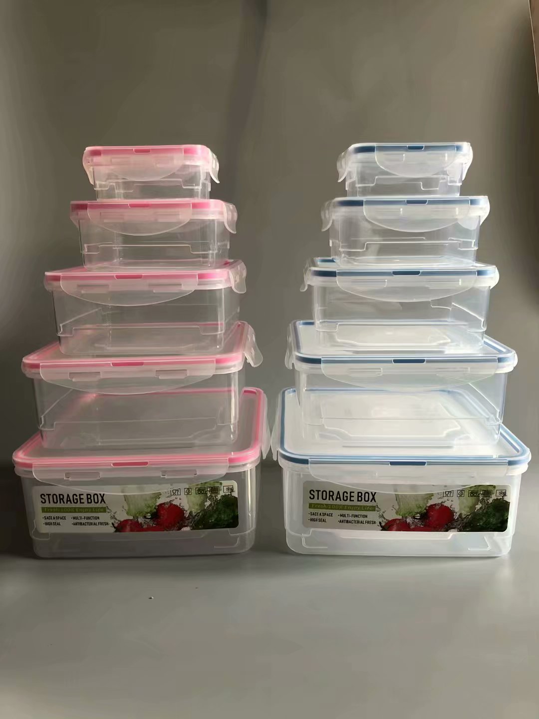 121-2012B长方形，彩色盖子，有出气孔，五件套带扣保鲜盒详情图1