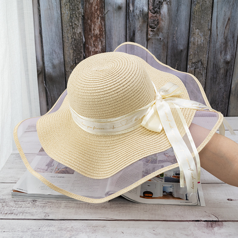 沙滩草帽女海边网纱边大帽檐防晒遮阳出游度假百搭蝴蝶结丝带草帽产品图