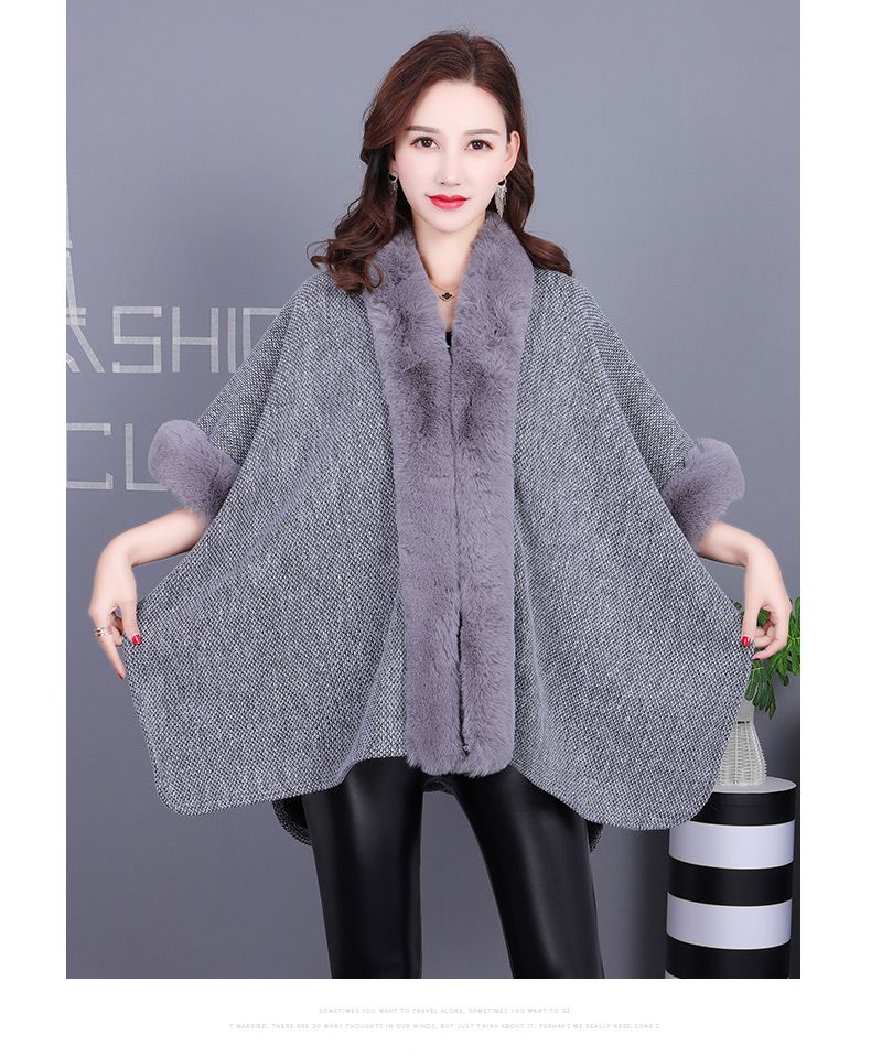 New autumn and winter faux fur shawl, faux rex rabbit fur jacket cape, mid-length fur style detail image 4