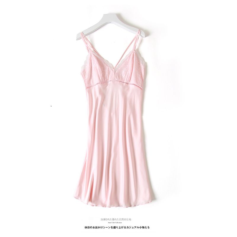 2020 Halter Sexy Nightgown With Breast Pad Summer Thin Pajama Ladies Ice Silk Back Sexy Lace Home Wear Specification drawing