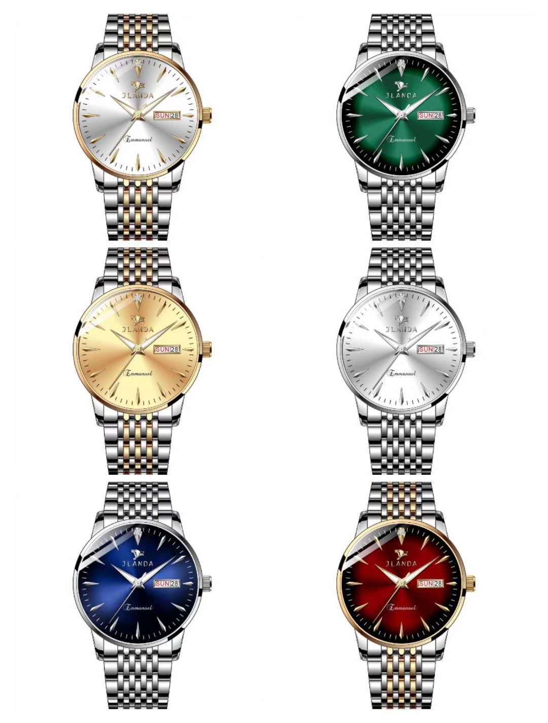 Hombre doble calendario correa de acero a prueba de agua pareja reloj 2 live stand