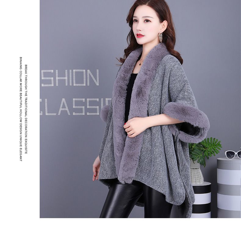 New autumn and winter faux fur shawl, faux rex rabbit fur jacket cape, mid-length fur style detail image 2