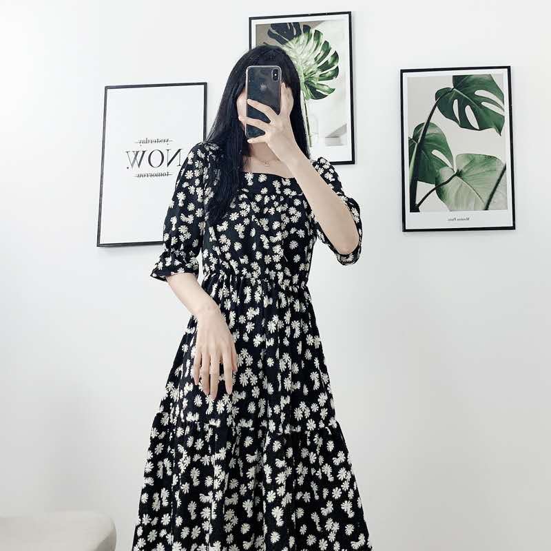 Summer new retro French square-neck floral dress, women's puffed sleeves, flared sleeves, petite bellflower long dress details Picture
