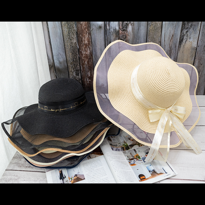 沙滩草帽女海边网纱边大帽檐防晒遮阳出游度假百搭蝴蝶结丝带草帽详情图6