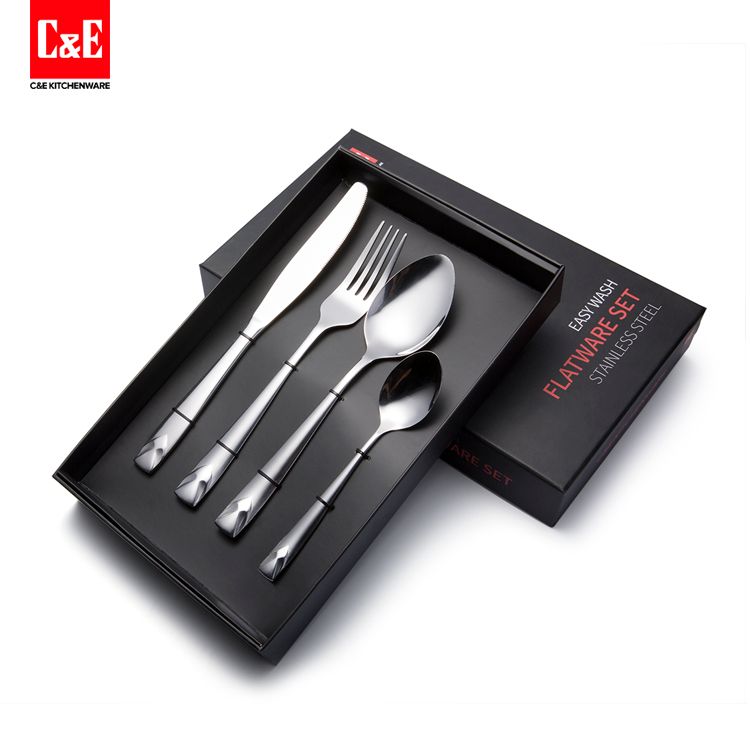 C&E kitchenware new fashion mirror light tableware set with unique handle design knife and fork soup spoon dessert spoon