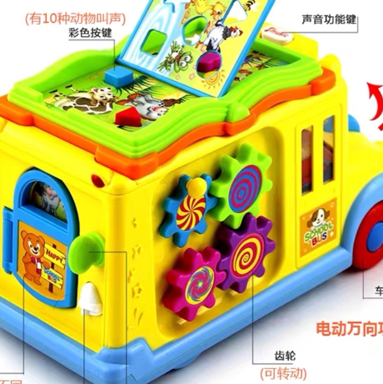 宝宝在游戏中能提高认𣲵能力开通思维提高宝宝的动手能力是一款智能校园巴士儿童益智早教玩具车产品图