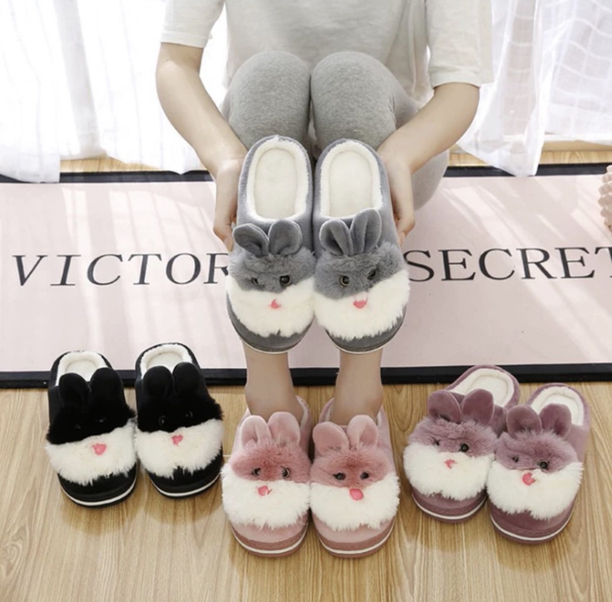 New autumn and winter warm cotton slippers, cartoon couple home cotton slippers, rabbit fur indoor plush moon cotton slippers for women